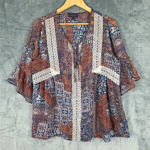 Womens Top Medium Boho Crochet Lace Patchwork Hippie Retro Peasant Festival‎